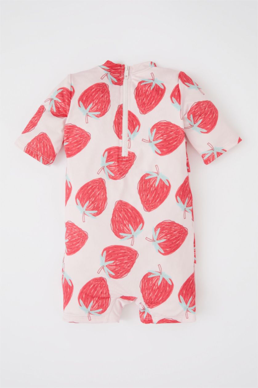 Kız Bebek Pembe Kız Bebek Çilek Desenli Kısa Kollu Tulum Mayo