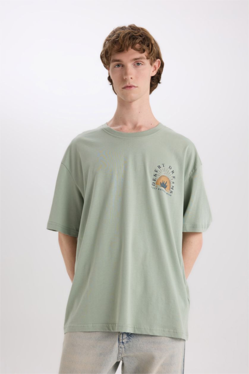 MAN Light Green Oversize Fit Crew Neck Back Printed Cotton T-Shirt