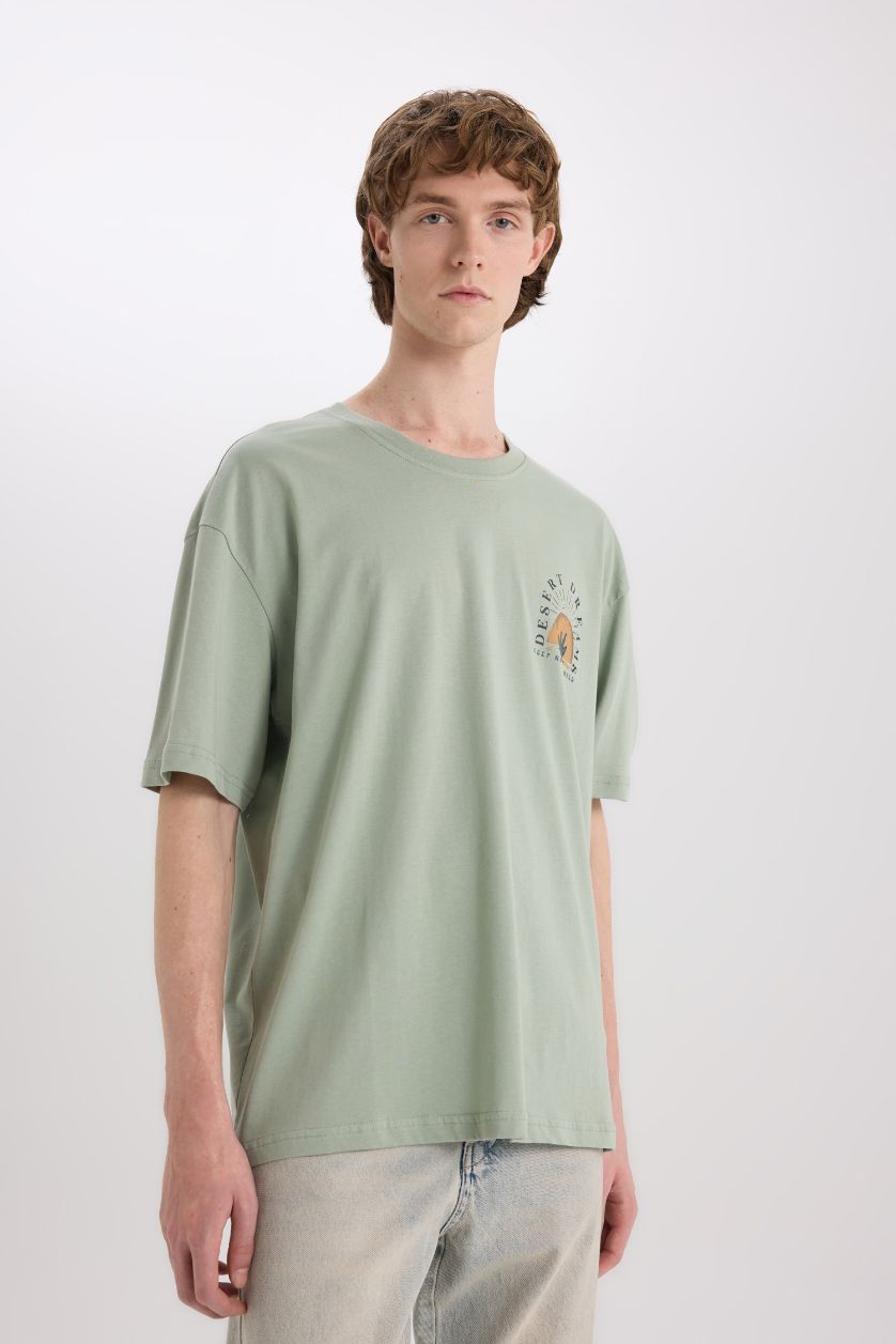 MAN Light Green Oversize Fit Crew Neck Back Printed Cotton T-Shirt