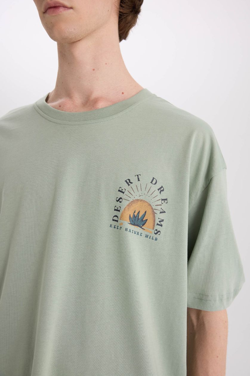 MAN Light Green Oversize Fit Crew Neck Back Printed Cotton T-Shirt
