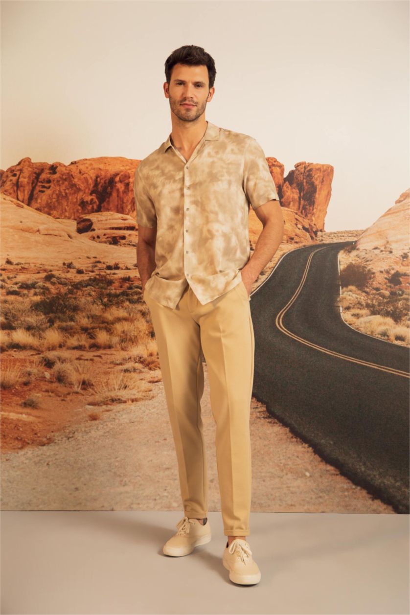 MAN Sand Modern Fit Patterned Short Sleeve Viscose Shirt