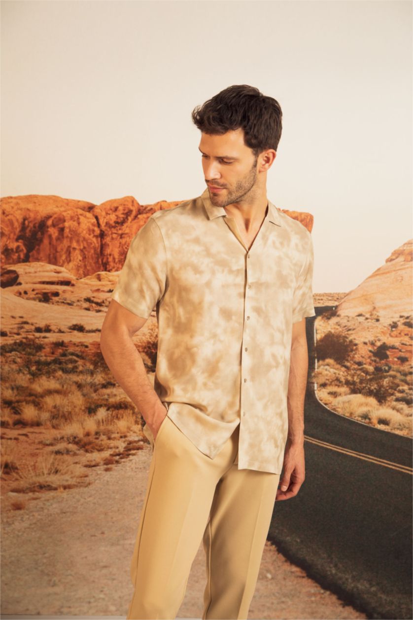 MAN Sand Modern Fit Patterned Short Sleeve Viscose Shirt