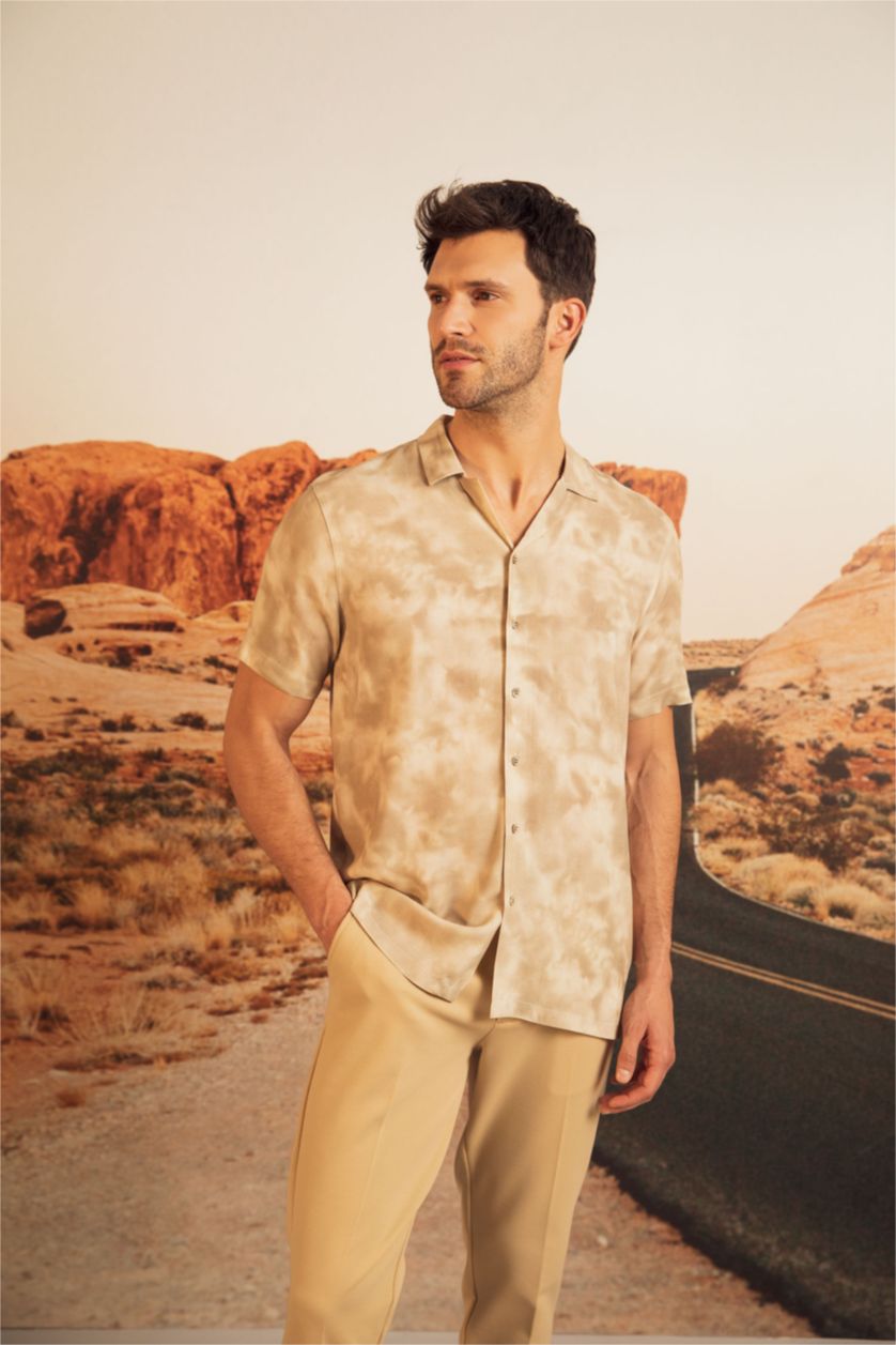 MAN Sand Modern Fit Patterned Short Sleeve Viscose Shirt