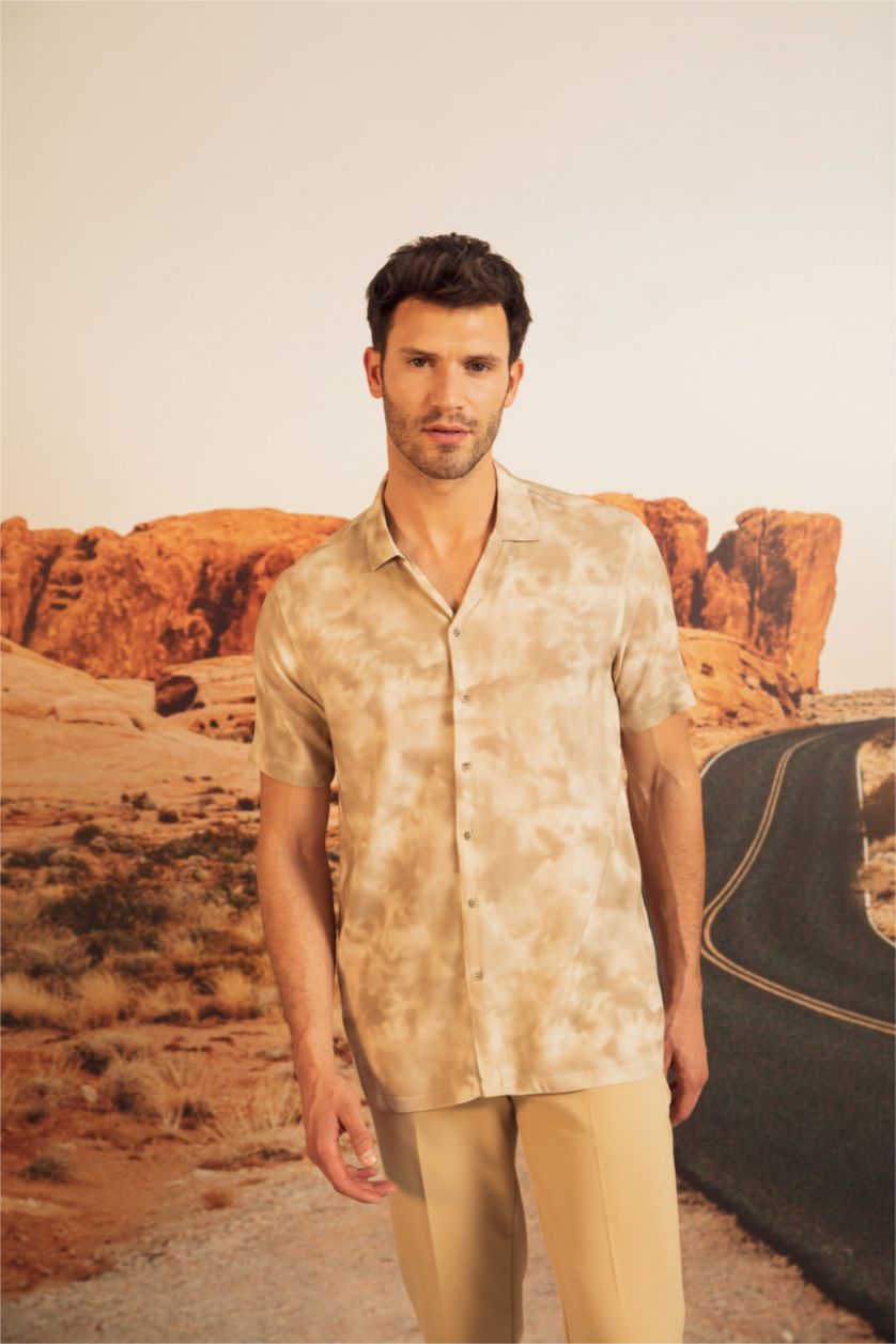 MAN Sand Modern Fit Patterned Short Sleeve Viscose Shirt