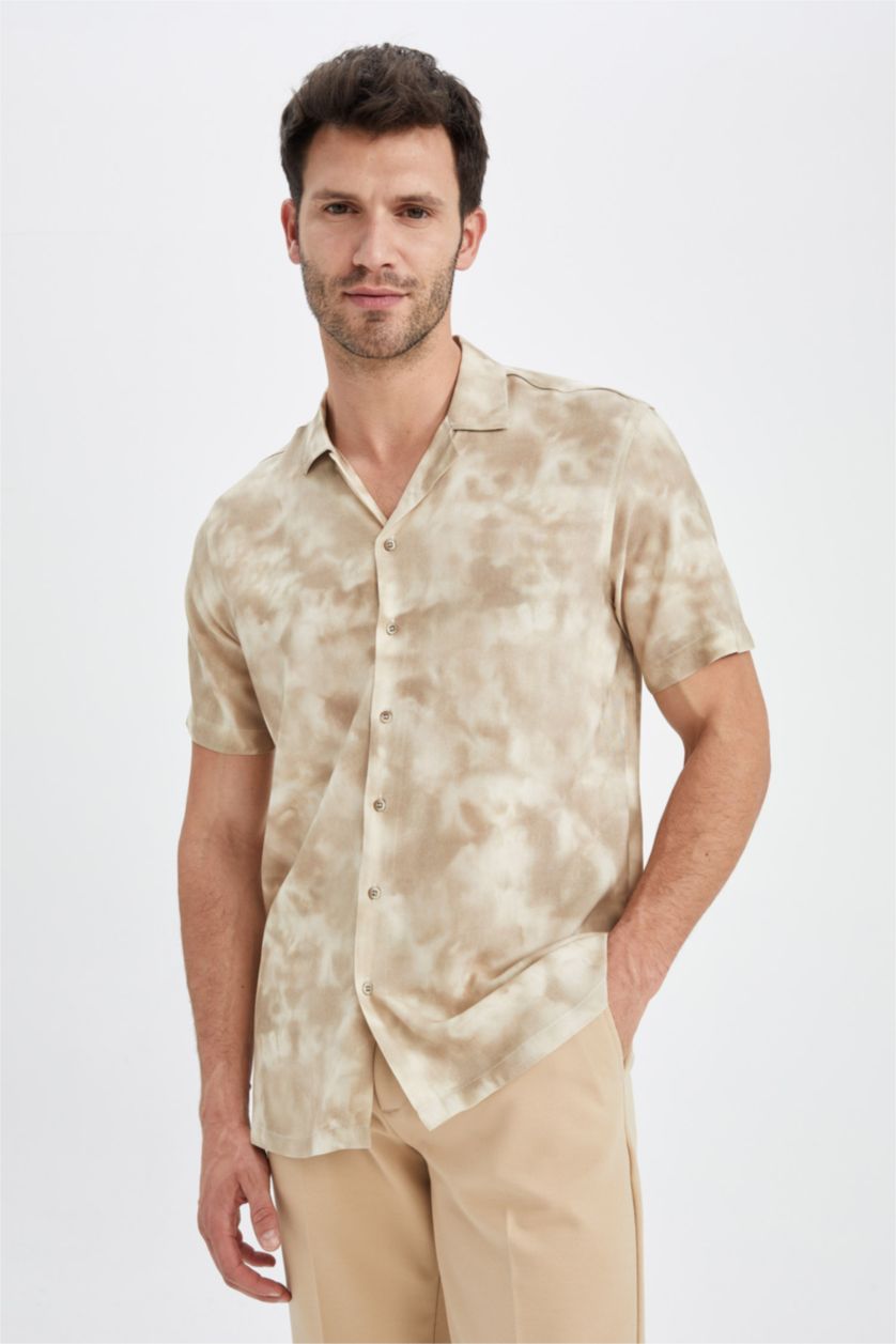 MAN Sand Modern Fit Patterned Short Sleeve Viscose Shirt