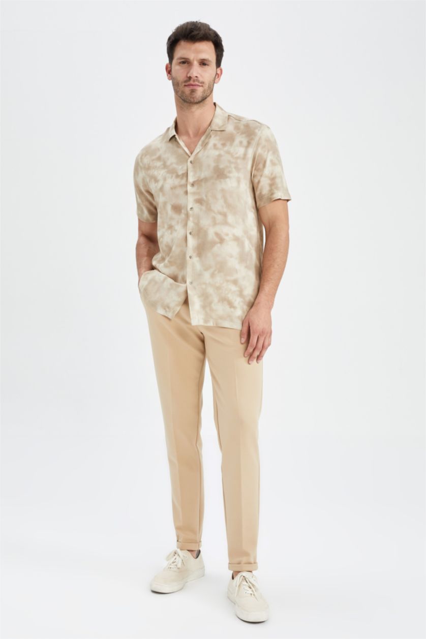 MAN Sand Modern Fit Patterned Short Sleeve Viscose Shirt