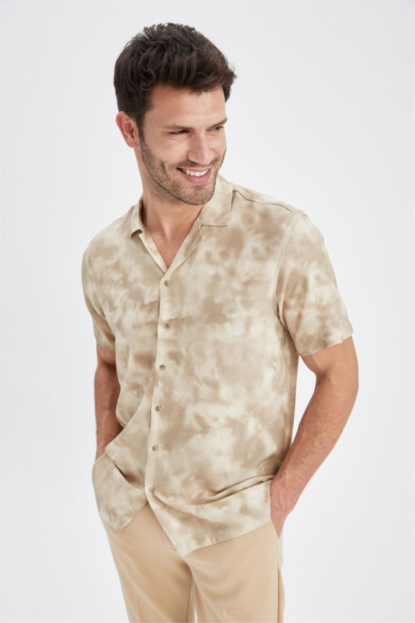 MAN Sand Modern Fit Patterned Short Sleeve Viscose Shirt