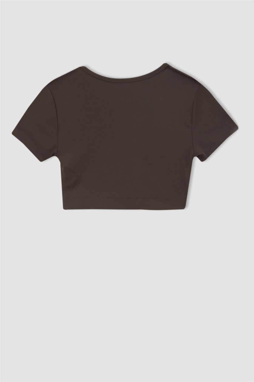 نساء بني ديفاكتو فيت تي شيرت رياضي بياقة دائرية نص كم