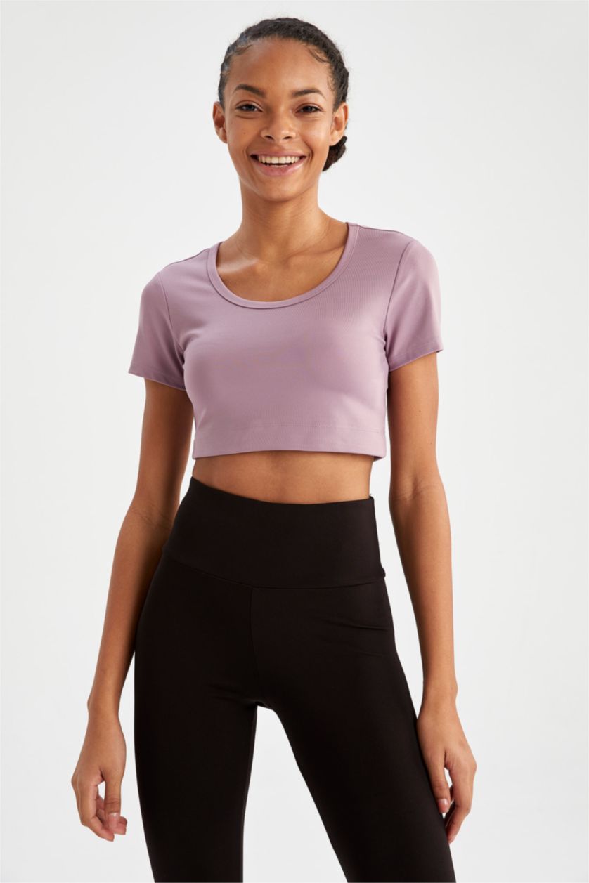 WOMAN Light Purple DeFactoFit Short Sleeve Crop Sports Heavy Fabric T-Shirt
