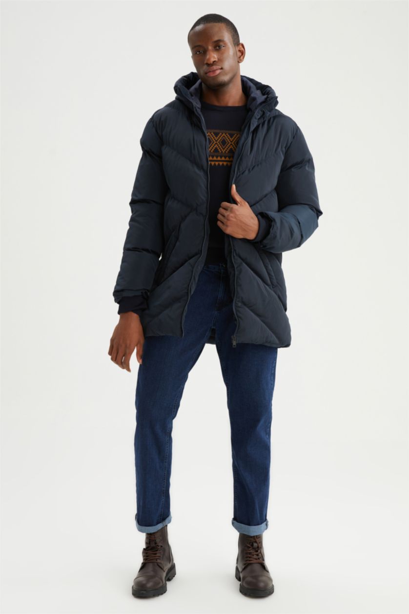 Erkek Lacivert Regular Fit Kapüşonlu Su İtici Şişme Mont Parka