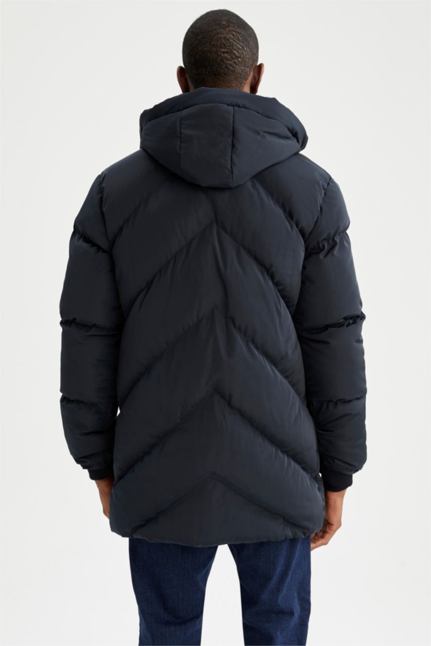 Erkek Lacivert Regular Fit Kapüşonlu Su İtici Şişme Mont Parka