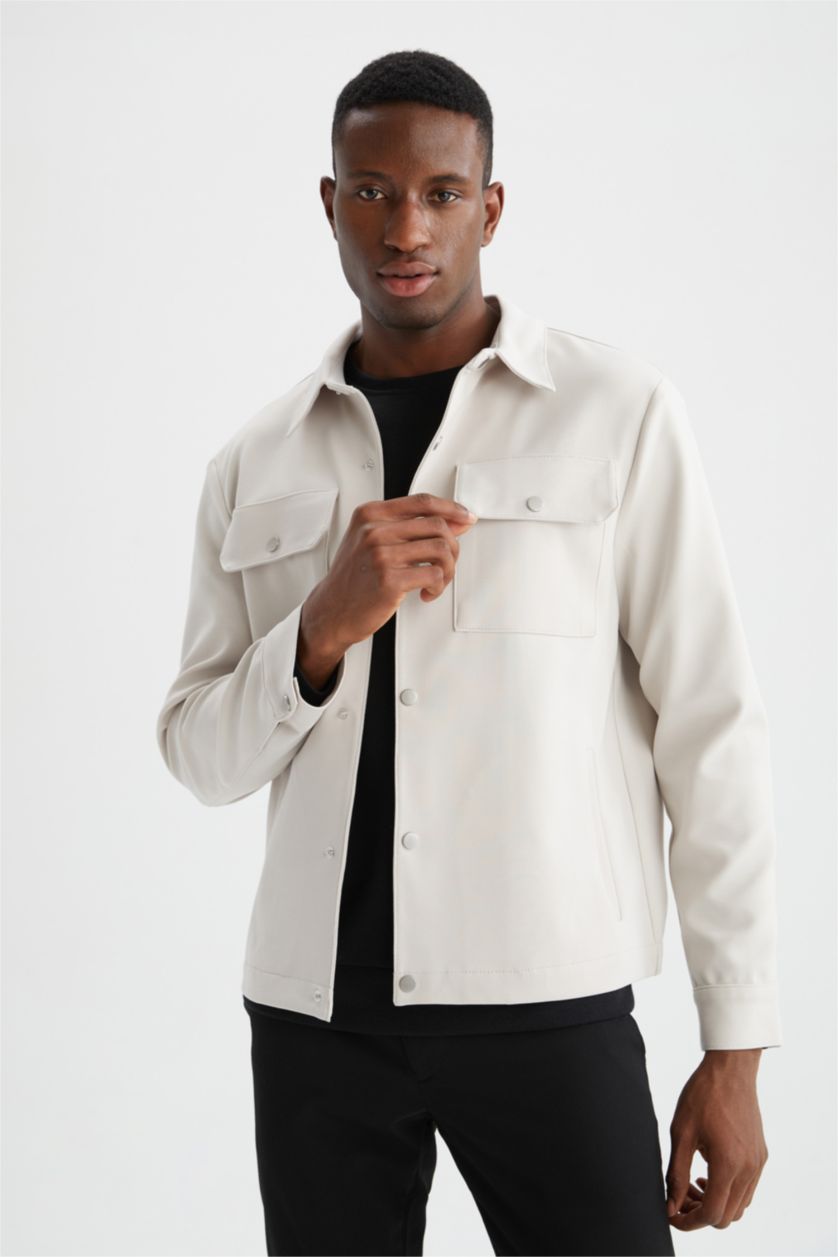 HOMME Beige Veste-chemise coupe slim à col polo