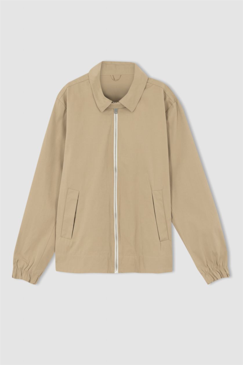 Erkek Kum Regular Fit Polo Yaka Fermuar Kapamalı Mevsimlik İnce Mont Ceket