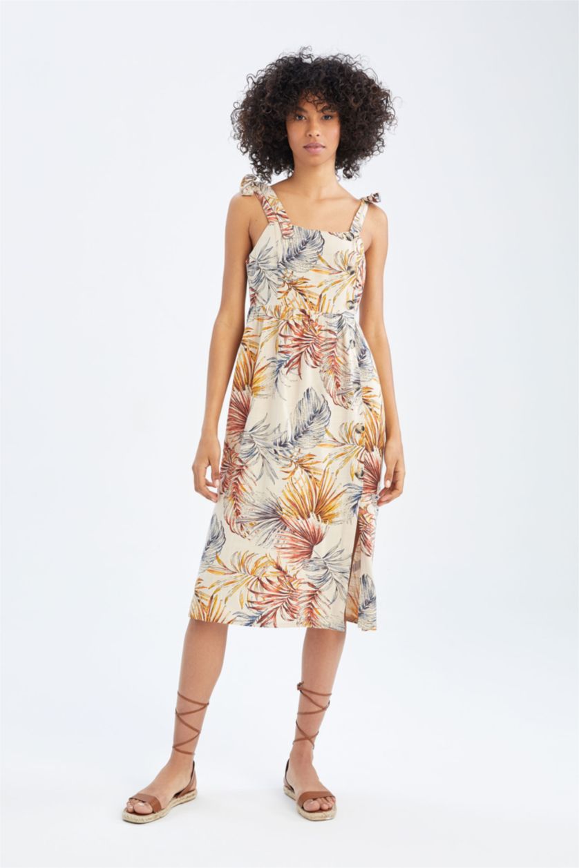 WOMAN Light Vison Square Neckline Tropical Patterned Linen Blended Midi Short Sleeve Woven Dress