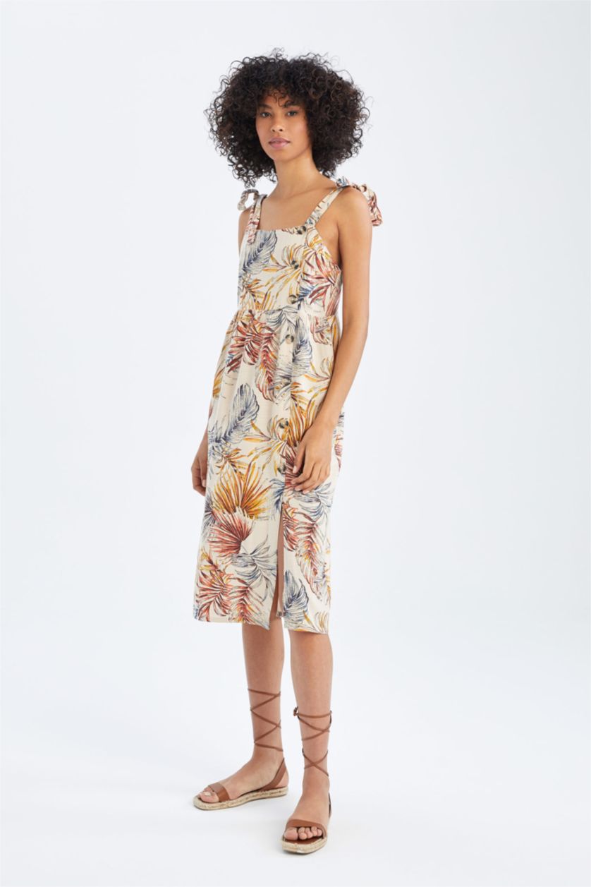 WOMAN Light Vison Square Neckline Tropical Patterned Linen Blended Midi Short Sleeve Woven Dress