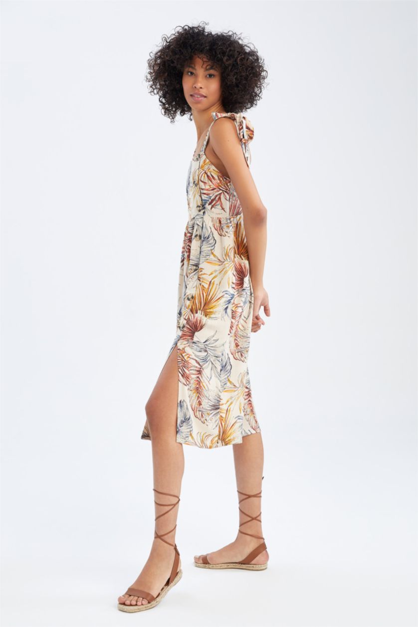 WOMAN Light Vison Square Neckline Tropical Patterned Linen Blended Midi Short Sleeve Woven Dress