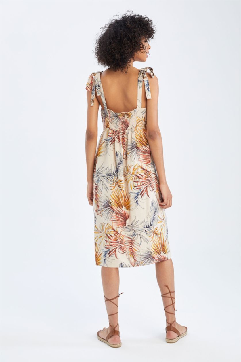 WOMAN Light Vison Square Neckline Tropical Patterned Linen Blended Midi Short Sleeve Woven Dress