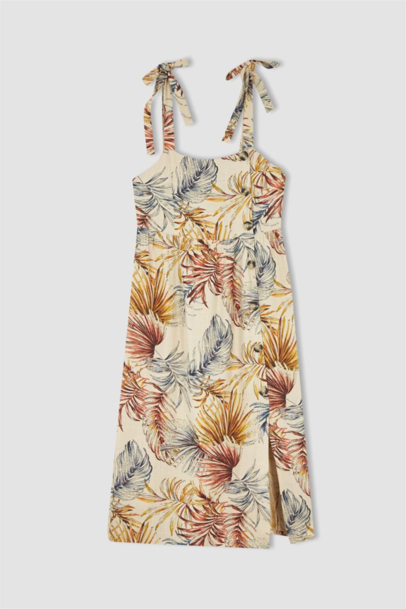 WOMAN Light Vison Square Neckline Tropical Patterned Linen Blended Midi Short Sleeve Woven Dress