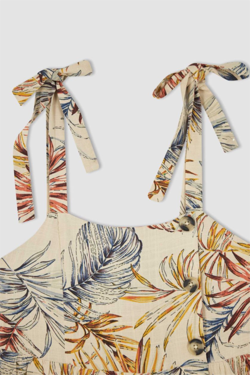 WOMAN Light Vison Square Neckline Tropical Patterned Linen Blended Midi Short Sleeve Woven Dress