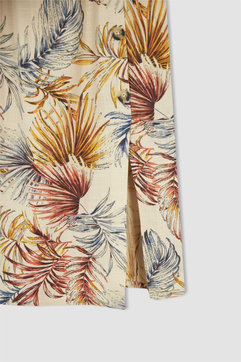 WOMAN Light Vison Square Neckline Tropical Patterned Linen Blended Midi Short Sleeve Woven Dress