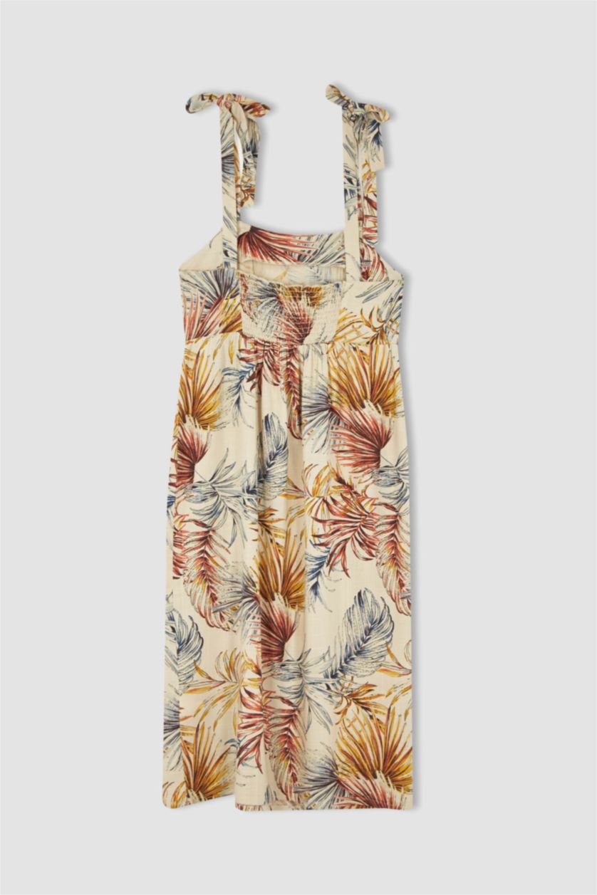 WOMAN Light Vison Square Neckline Tropical Patterned Linen Blended Midi Short Sleeve Woven Dress