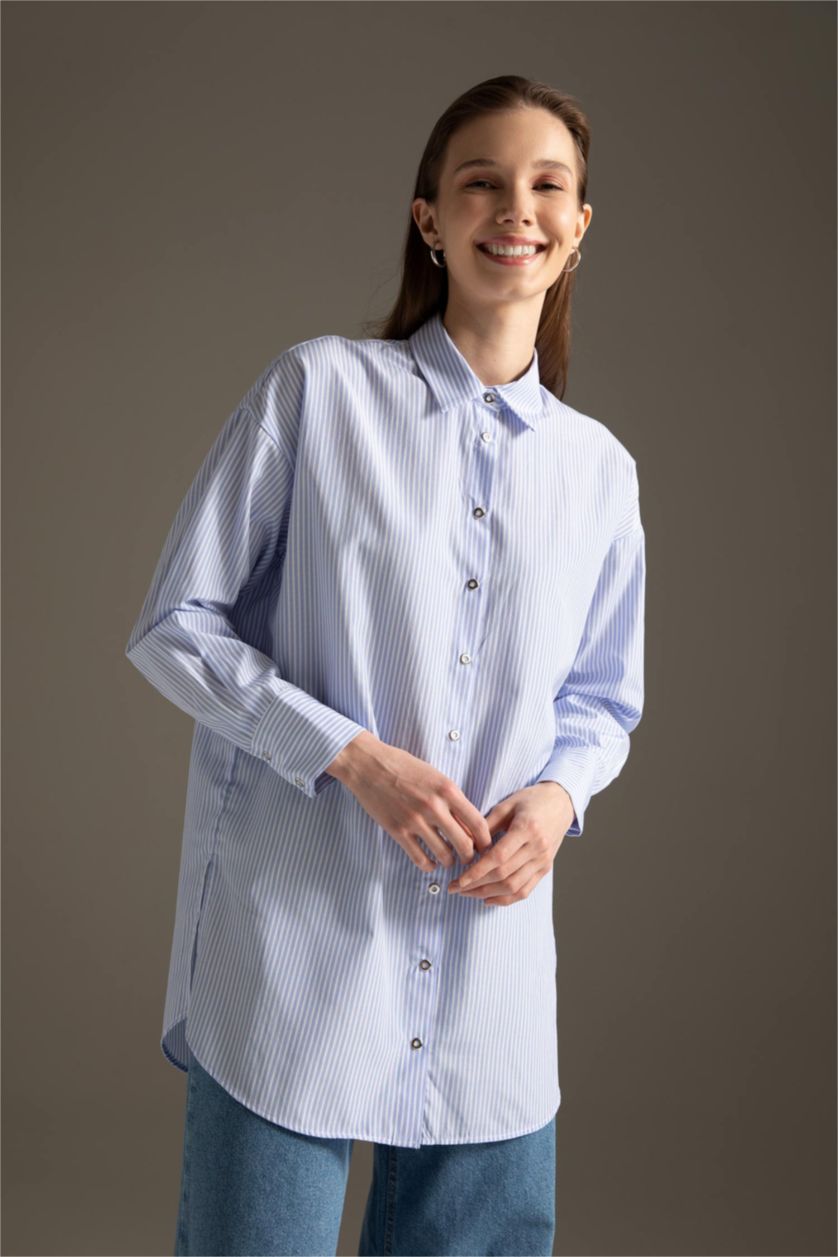 FEMME BLEU Clair Chemise tunique décontractée en popeline de coton rayée à manches longues