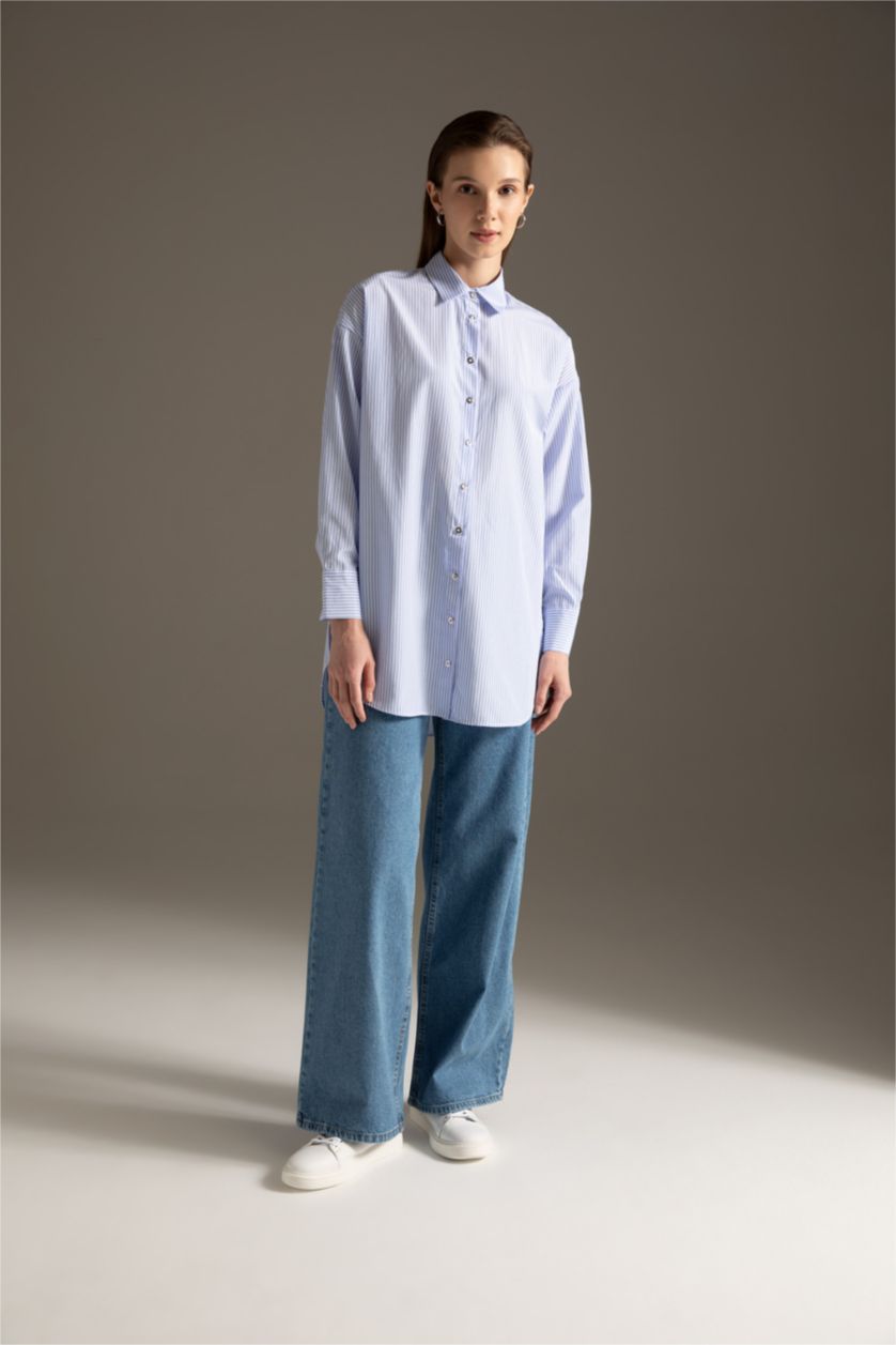 FEMME BLEU Clair Chemise tunique décontractée en popeline de coton rayée à manches longues