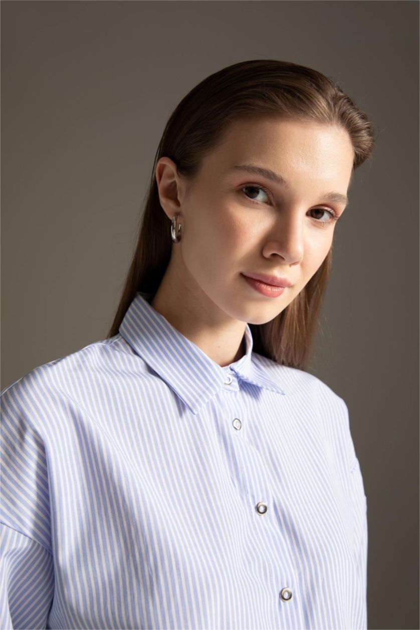 FEMME BLEU Clair Chemise tunique décontractée en popeline de coton rayée à manches longues