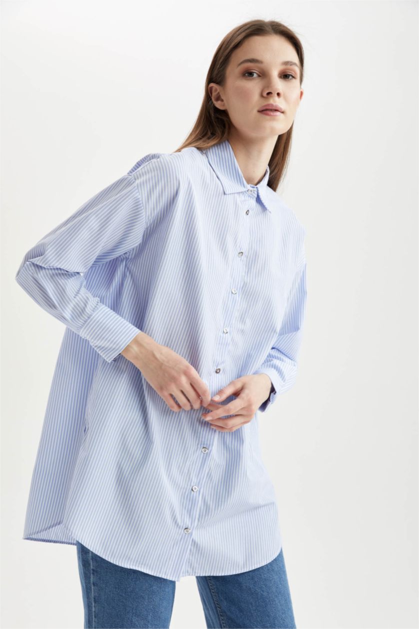 FEMME BLEU Clair Chemise tunique décontractée en popeline de coton rayée à manches longues