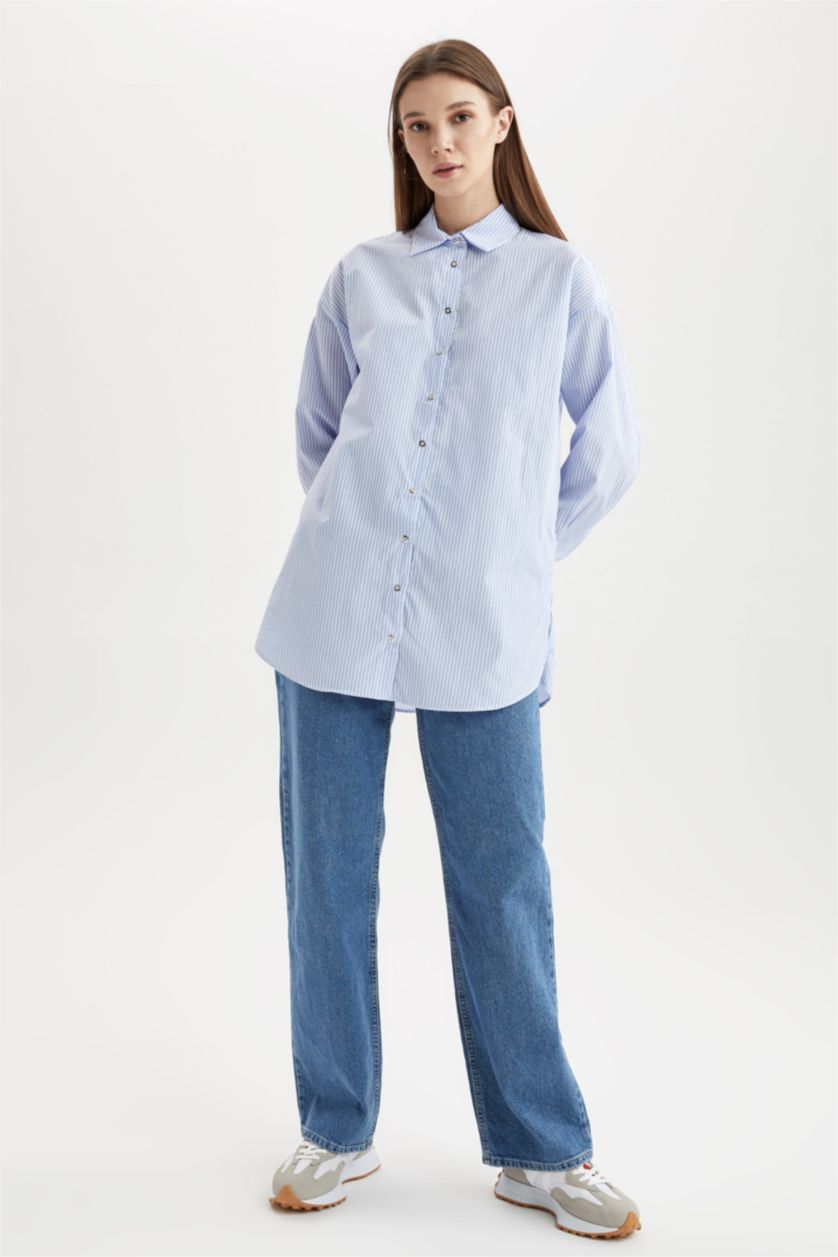 FEMME BLEU Clair Chemise tunique décontractée en popeline de coton rayée à manches longues