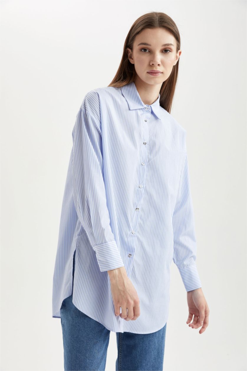 FEMME BLEU Clair Chemise tunique décontractée en popeline de coton rayée à manches longues