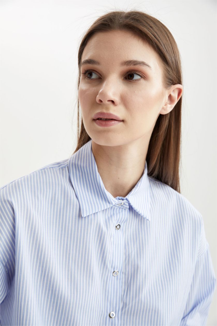 FEMME BLEU Clair Chemise tunique décontractée en popeline de coton rayée à manches longues