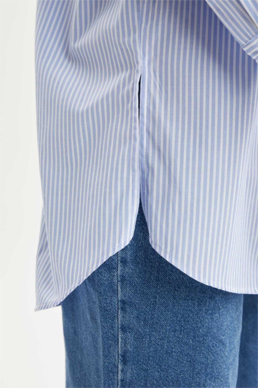 FEMME BLEU Clair Chemise tunique décontractée en popeline de coton rayée à manches longues