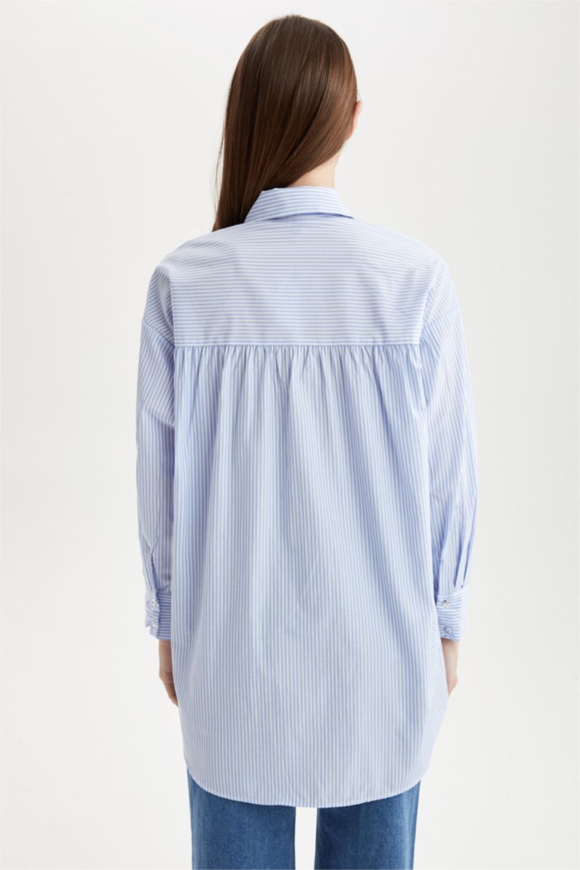 FEMME BLEU Clair Chemise tunique décontractée en popeline de coton rayée à manches longues