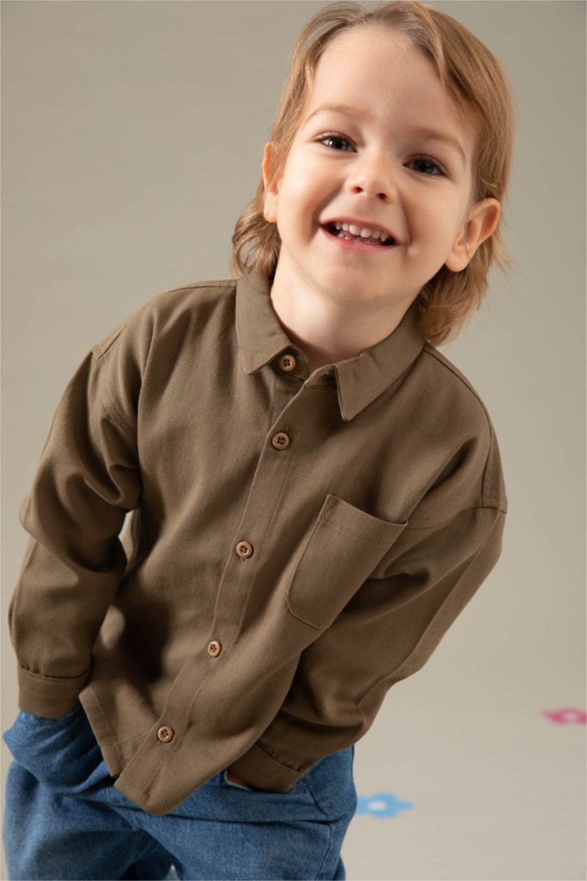 BÉBÉ GARÇON Kaki Clair Chemise manches longues en gabardine de coton imprimé dos bébé garçon