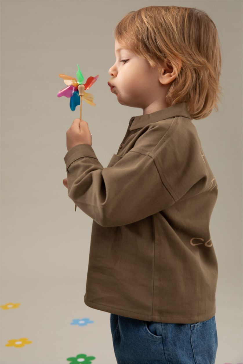 BÉBÉ GARÇON Kaki Clair Chemise manches longues en gabardine de coton imprimé dos bébé garçon