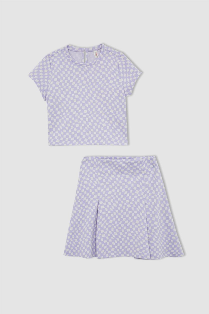 GIRLS & TEENS Lilac Girl Short Sleeve Checkers Print T-Shirt & Skirt