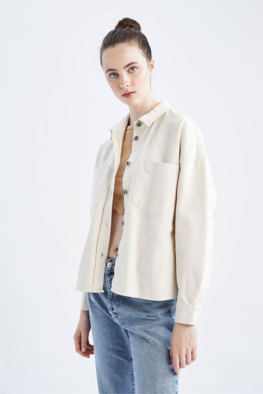 WOMAN Beige Oversize Fit Gabardine Shirt Collar Long Sleeve Tunic