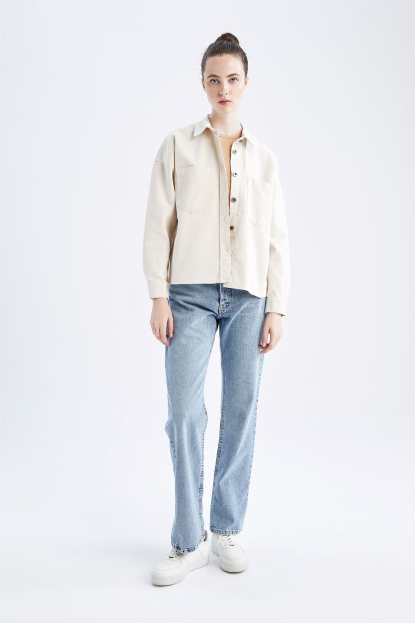 WOMAN Beige Oversize Fit Gabardine Shirt Collar Long Sleeve Tunic