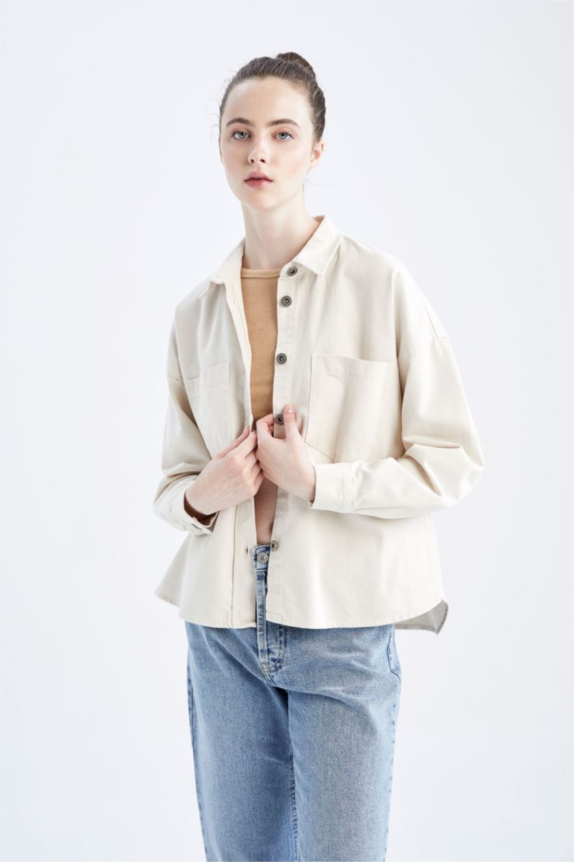 WOMAN Beige Oversize Fit Gabardine Shirt Collar Long Sleeve Tunic