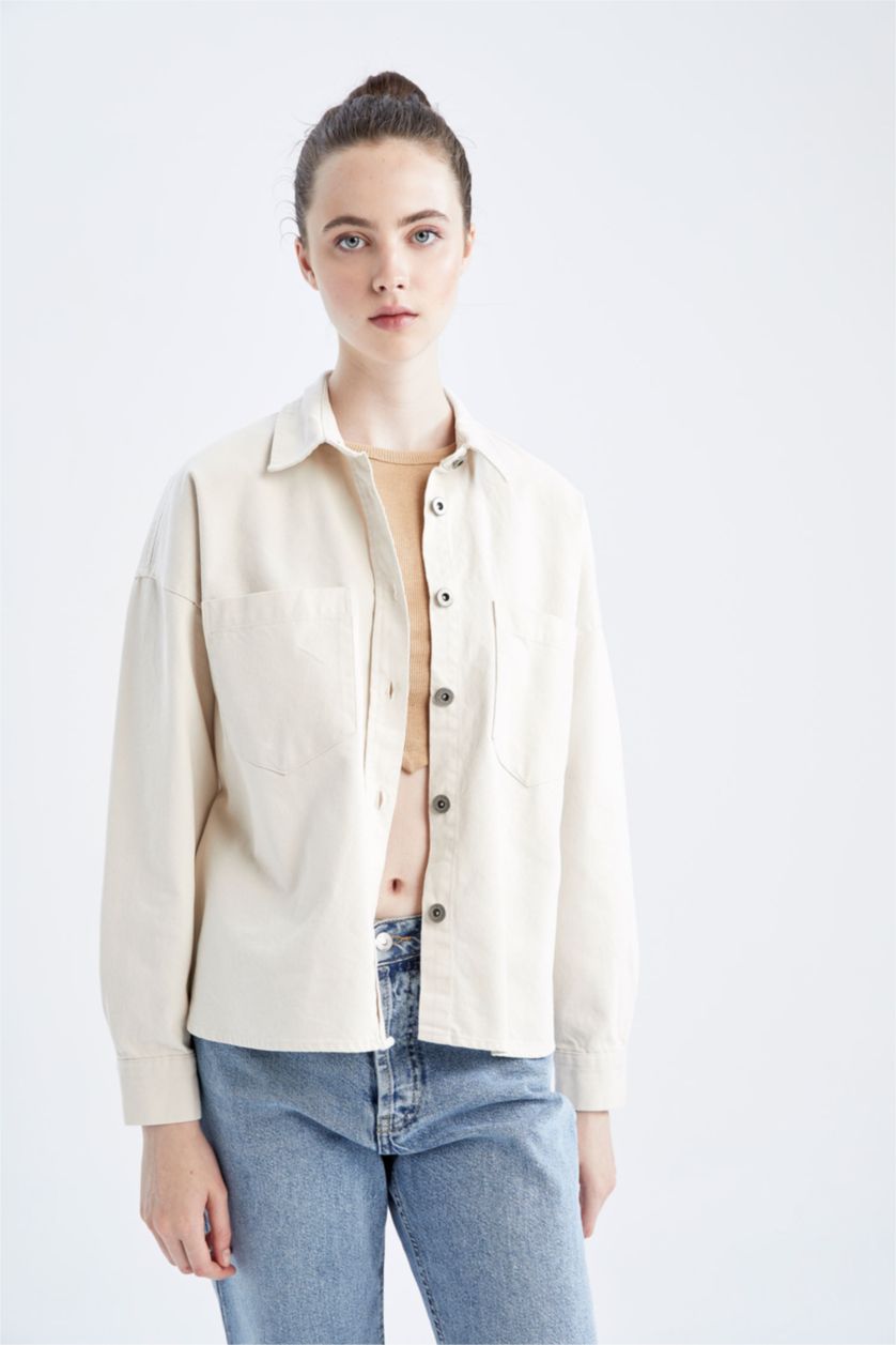 WOMAN Beige Oversize Fit Gabardine Shirt Collar Long Sleeve Tunic