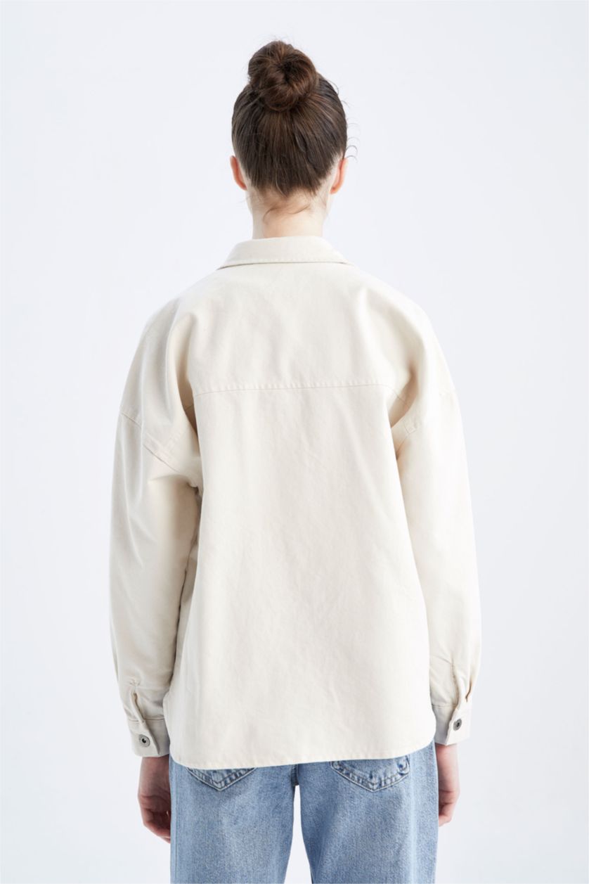 WOMAN Beige Oversize Fit Gabardine Shirt Collar Long Sleeve Tunic