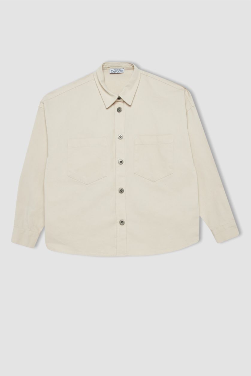 WOMAN Beige Oversize Fit Gabardine Shirt Collar Long Sleeve Tunic