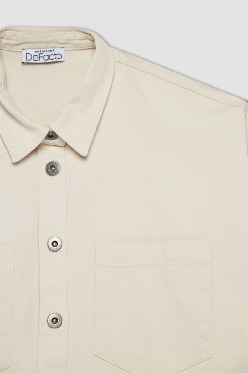 WOMAN Beige Oversize Fit Gabardine Shirt Collar Long Sleeve Tunic