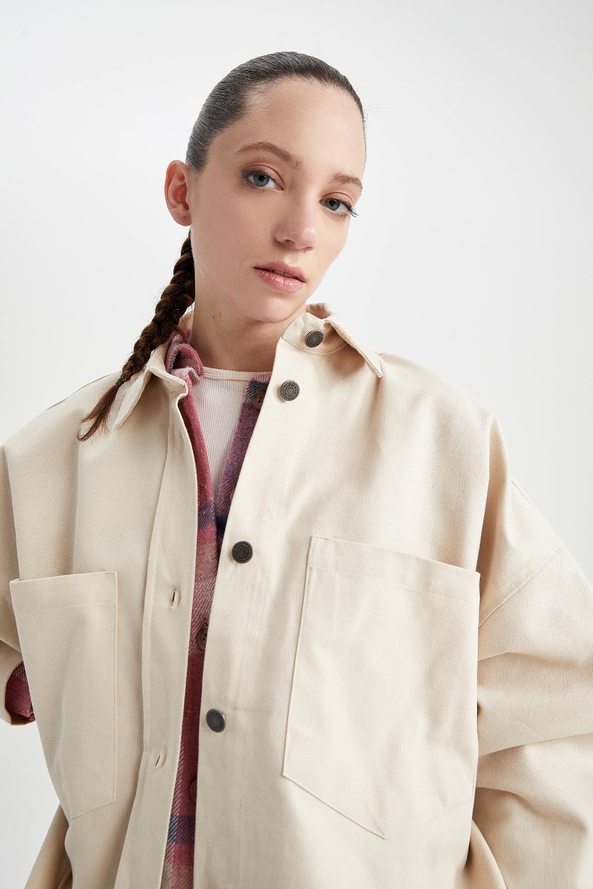 FEMME Beige Clair Veste Chemise Coupe Oversize En Gabardine À Double Poche