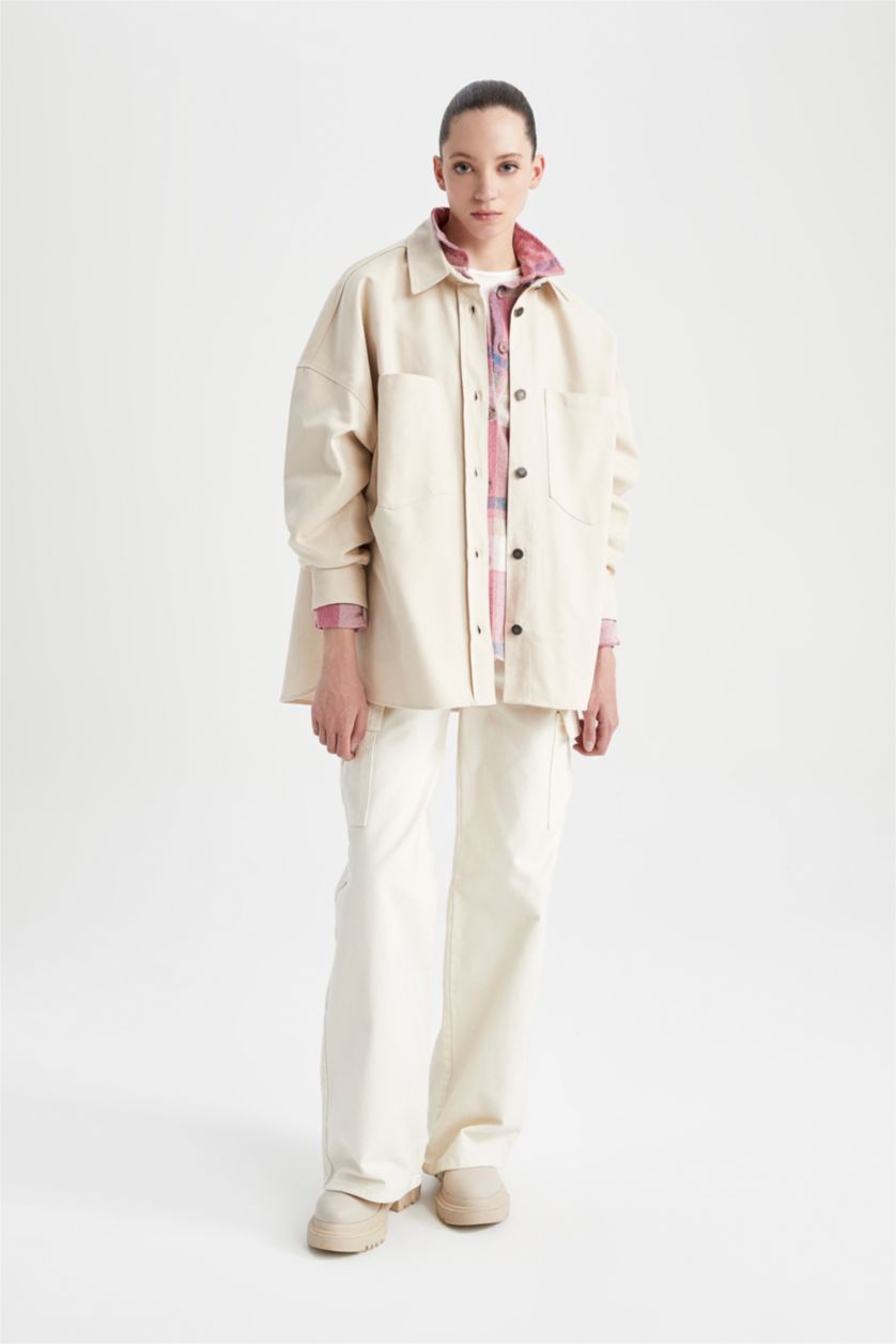 FEMME Beige Clair Veste Chemise Coupe Oversize En Gabardine À Double Poche