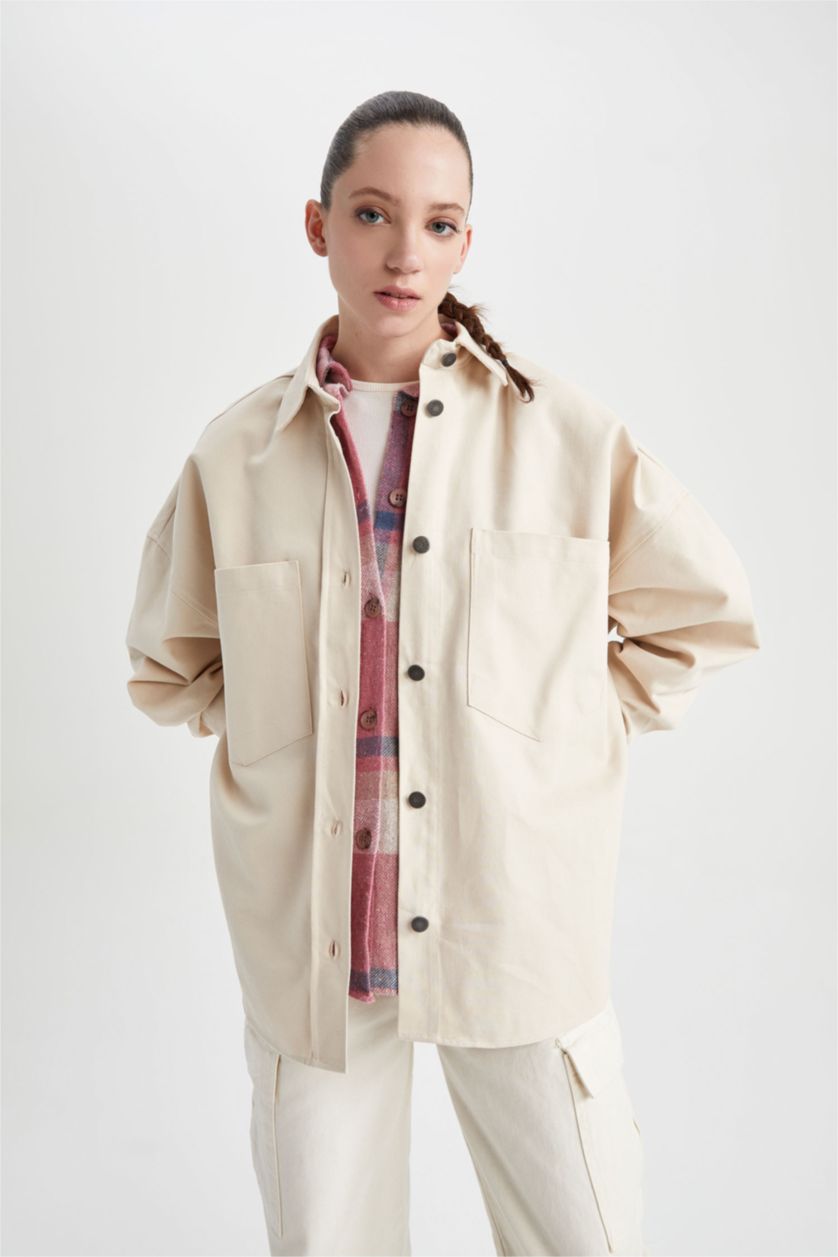 FEMME Beige Clair Veste Chemise Coupe Oversize En Gabardine À Double Poche