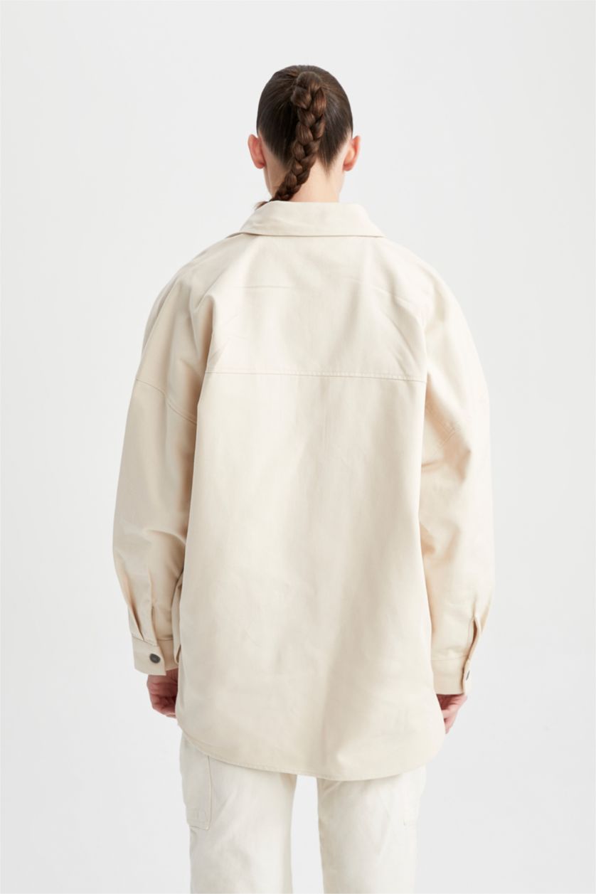 FEMME Beige Clair Veste Chemise Coupe Oversize En Gabardine À Double Poche