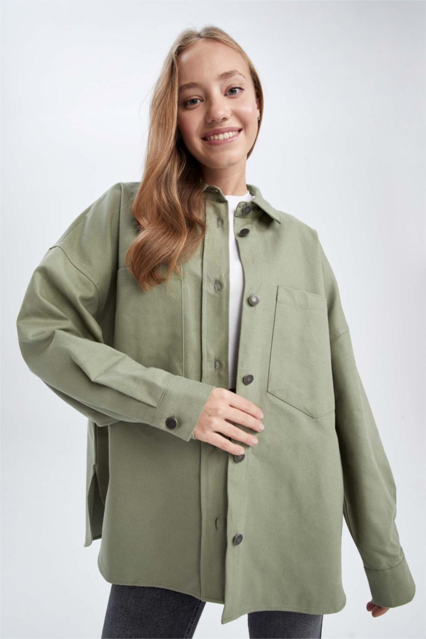 WOMAN Mint Oversize Fit Double Pocket Gabardine Shirt Jacket