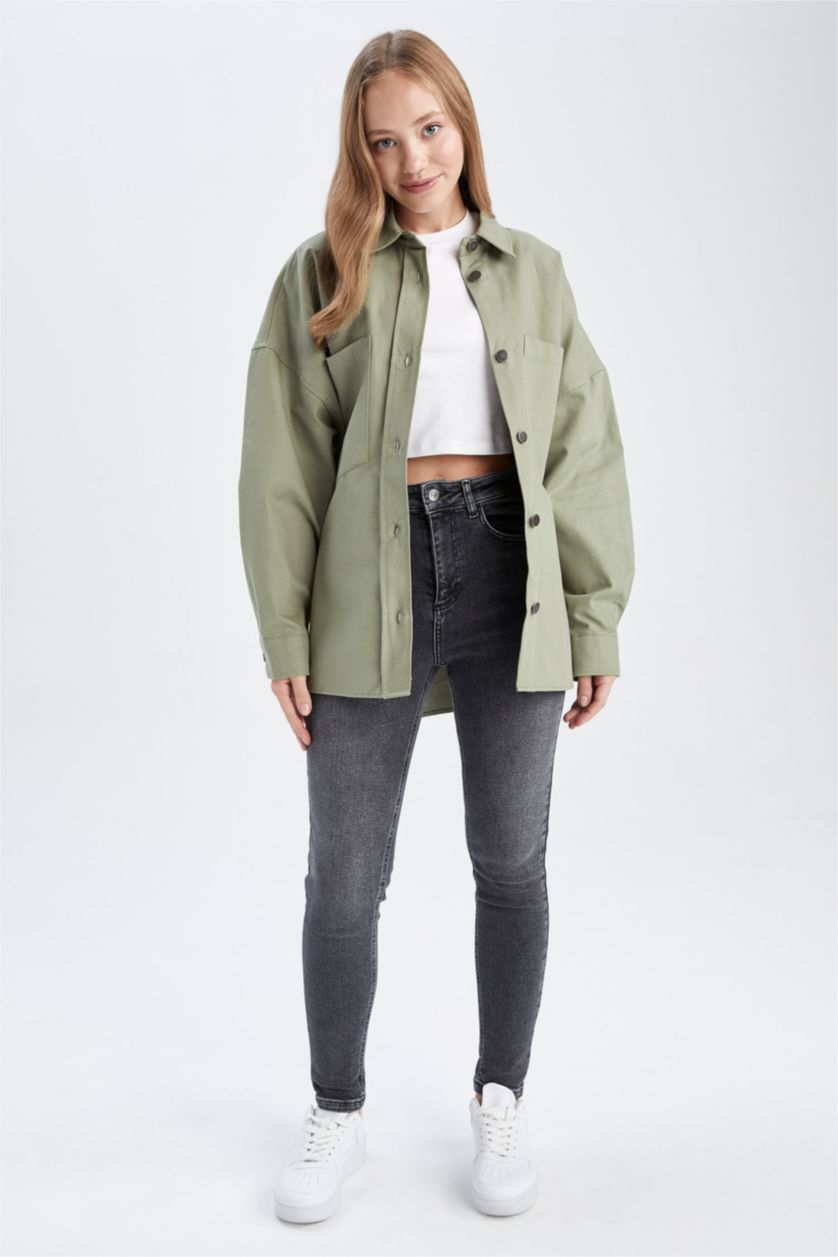 WOMAN Mint Oversize Fit Double Pocket Gabardine Shirt Jacket